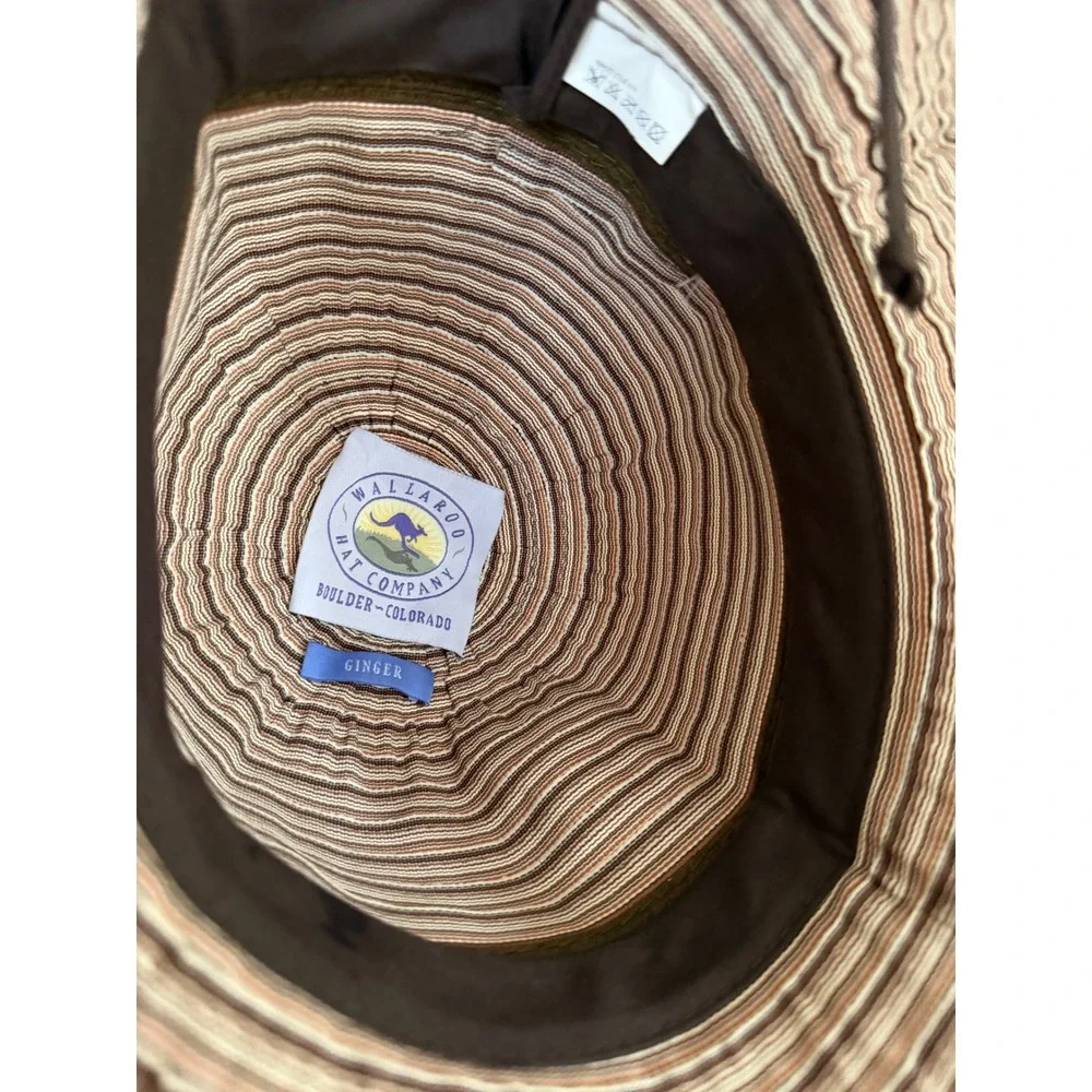 Wallaroo Hat Company Ginger Sun Hat Brown Olive Green Striped Wide Brim Packable